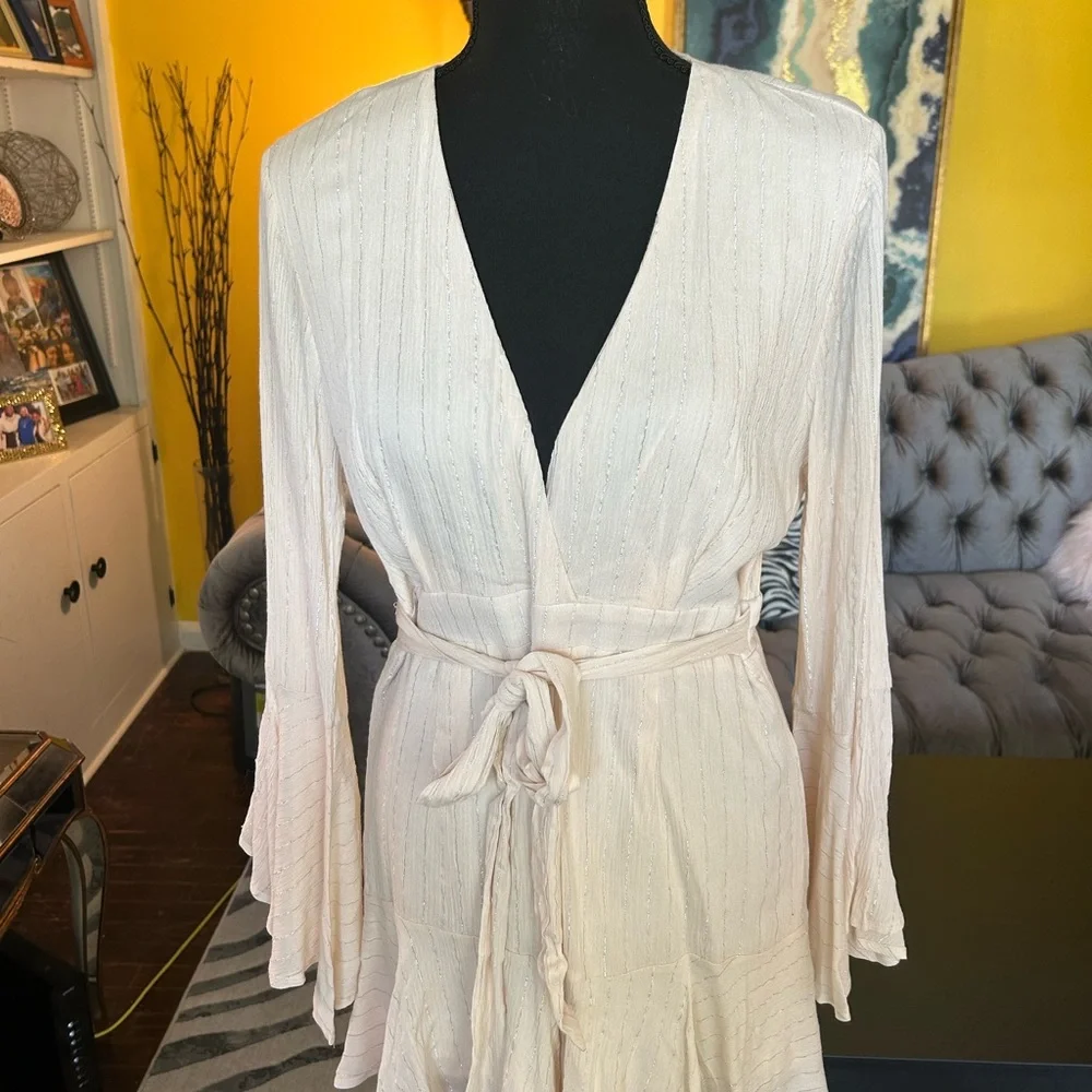 Fashion Nova cream with silver stripes short set zip up back. Plunging neckline.